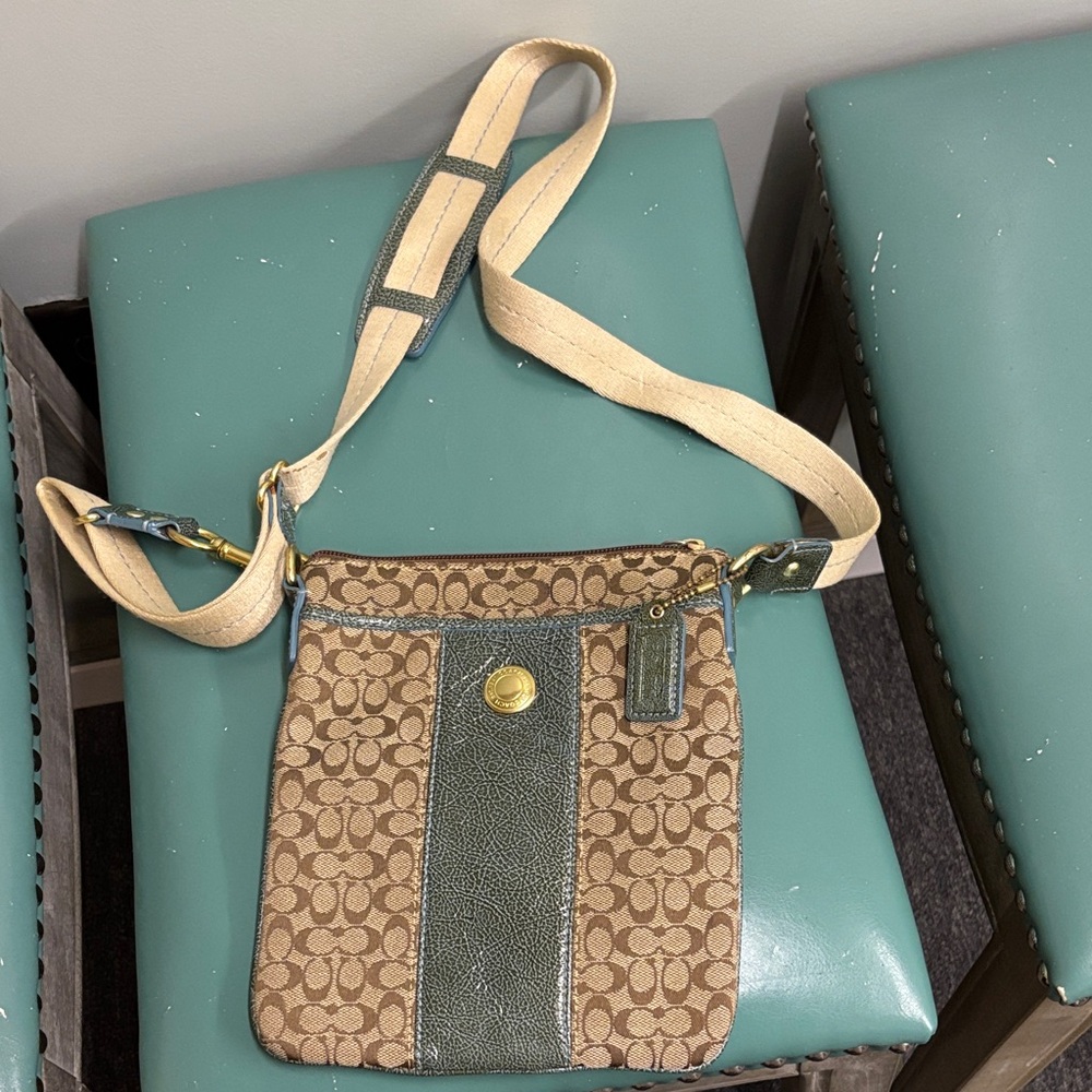 Coach Tan and Green Signature Crossbody Bag